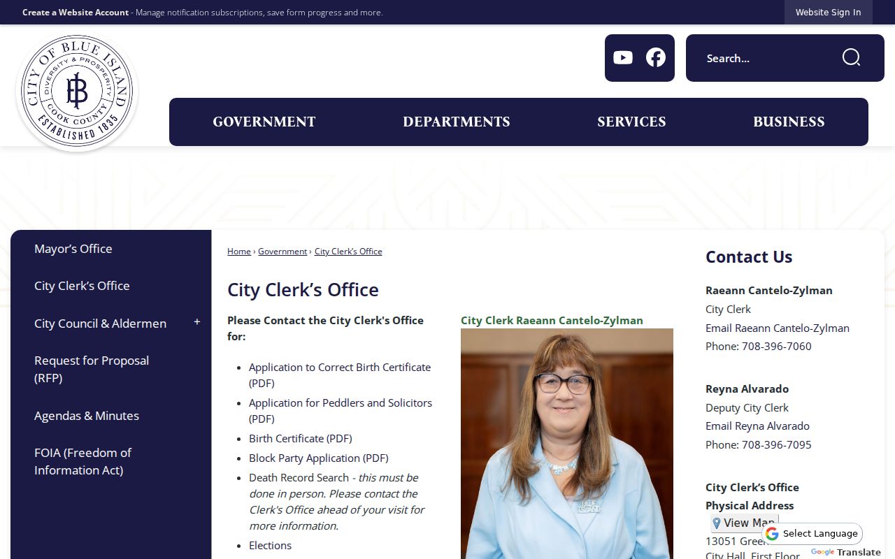 Blue Island residents directory City Clerk records route